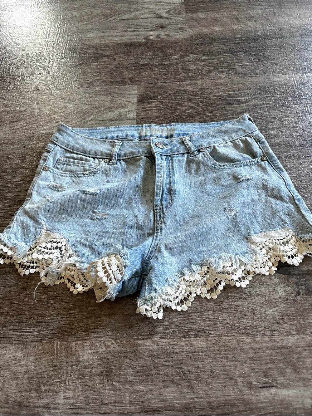 Rewash Light Blue Denim Shorts with Crochet Lace Trim Distressed